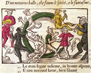 Cerimónia de sábado com bruxas. Gravura de Olaus Magnus (1490 - 1557), religioso e geógrafo sueco, "Historia de Gentis Septentrionalibus", Veneza de Italian School
