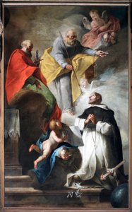 São Domingos recebe a bengala de pelerin e o livro onde está escrito "Vade et predica" das mãos dos santos Pedro e Paulo" Pintura da escola veneziana do século XVIII (São Domingos recebe a bengala e o livro com o i de Italian School