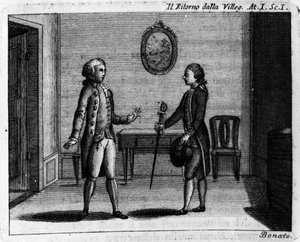 Cena 1 do Acto I da peça cómica "Ritorno della villeggiatura" (Regresso da Cidade) (1761) de Carlo Goldoni (1707-1793). Gravura do século XVIII de Italian School