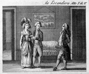Cena 5 do Acto I da peça "La locandiera" (1753) de Carlo Goldoni (1707-1793). Gravura do século XVIII de Italian School