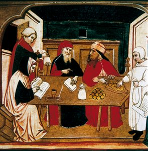 Assinatura de uma transacção, um notário regista o acto e um banqueiro está a contar as moedas. de Italian School