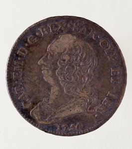 Moeda italiana de prata (meio ecu) do reino da Sardenha: reinado de Carlo Emanuele III di Savoia (1701-1773) (Charles Emmanuel III da Sardenha). 1756. Diam. 3,7 cm Nápoles, museo archeologico de Italian School