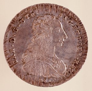 Piastra de prata de Nápoles: reinado de Carlo III de Espanha (Carlos III) (1716-1788) e retrato. 1750. Diam. 4 cm Nápoles, museo archeologico de Italian School