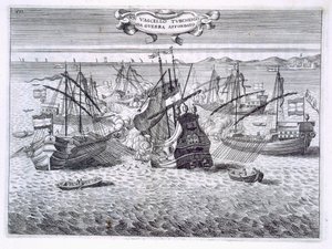 Naufrágio de um navio de guerra turco, ilustração de "príncipes de Toscana nas entradas mais notáveis por Cavalieri di Santo Stefano" por Fulvio Fontana, gravada por H. Vincent, 1701 de Italian School