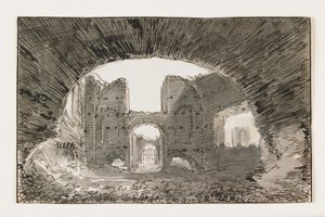 Esboço dos Banhos de Caracalla, no início do século 19 (caneta e tinta marrom com lavagem cinza sobre giz preto) de Italian School