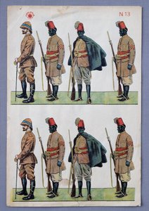 Soldados com uniformes Ascari, soldados recortados em papel, impressão litográfica dourada, feita por Stella, Itália, século XX de Italian School