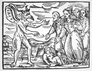 Feiticeiros apresentando uma criança ao diabo, do Compendium Maleticarum pelo padre M Guaccius (1608) ilustrado em uma história da magia publicada no final do século XIX de Italian School