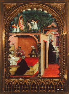 São Jerónimo na sua Célula e o Sonho de São Jerónimo, c.1450 (óleo sobre painel) de Italian School