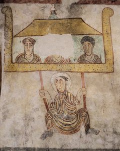 São Próculus balançando na corda, detalhe de afrescos (século VIII), Igreja de São Próculus, Naturno, Val Venosta, Trentino-Alto Adigel, Itália de Italian School