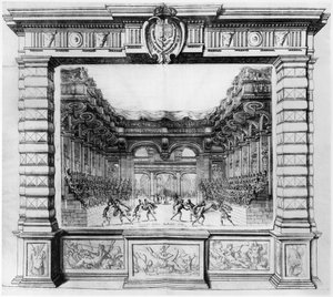 Design de palco de Giacomo Torelli (1608-78) para a Finta Pazza realizada em 1645 no Teatro Petit Bourbon em Paris, 1654 de Italian School