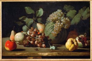 Natureza-morta com uvas e romã, início de ... de Italian School
