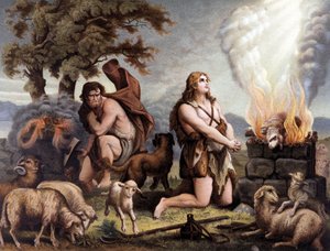 A Adoração do Cordeiro (Caim e Abel) - Cain et Abel (sacrificando uma ovelha) em "Aurea Bibbia classica: storia della rivelazione divina nell