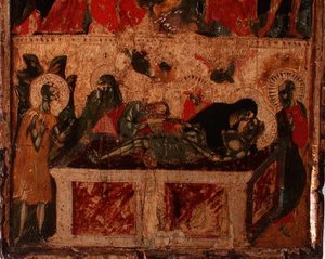 A Deposição de Cristo, metade inferior de um painel (ver também 78636) (painel) de Italian School