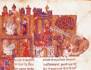 O filósofo grego Aristóteles (383-322 a.C.) ensina aos seus alunos moralidade e desprezo pelas mulheres (mysoginia) Miniatura de um manuscrito italiano do século XIV. Bibliotheque Inguimbertine Municipal de Carpentras. de Italian School