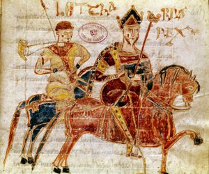 O Rei dos Francos e depois Lotharia I (século IX) Miniatura do "Codex Legum Longobardorum" (ou Langobardorum) descrevendo as leis do reino Lombard estabelecido pelo Rei Rothari de Italian School