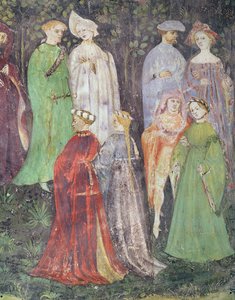O Mês de Junho, detalhe da caminhada de homens e mulheres nobres, c.1400 (fresco) de Italian School