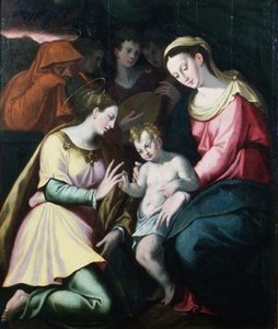 O Casamento Místico de Santa Catarina, c.1600 (painel) de Italian School