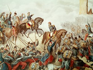 O piemontês e os franceses na batalha de San Martino em 1859 (gravura a cores) de Italian School