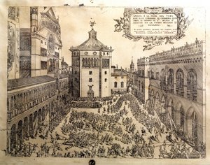 A festa do Taurus na Grande Praça de Cremone (Cremona), na Itália. Gravura de Cremona do século XVI, Museo Civico Itália de Italian School