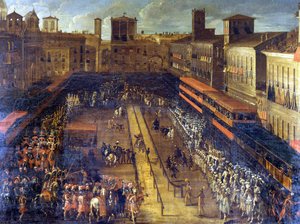 O joute de trigo sarraceno na Piazza Navona (Roma) em 25/02/1634. de Italian School