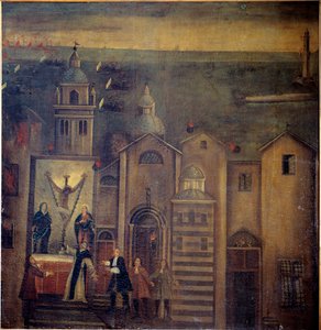 A igreja de Santa Maria del Castello foi atingida durante o bombardeio dos franceses em 1684, Génova (óleo sobre tela de Italian School