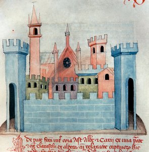 A cidade de Cherasco (Querasque) na província de Coni em Piemont na Itália. Igreja e muralha e torre de fortificação da cidade medieval. Página do Codex Astensis ou Malabayla. Miniatura do século XIII. Asti, Archivio Storico Comunale. de Italian School