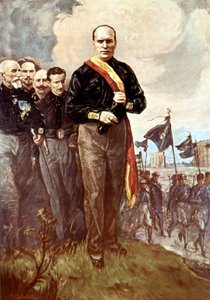 A marcha sobre Roma: Benito Mussolini a caminhar em direção a Roma, rodeado de camisas negras, em 28/10/1922, depois do quadro (desaparecido) de S. Galimberti. de Italian School