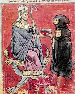 O monge Benedetto da Bari (representando jovens e velhos para indicar que a escrita de sua obra empregou toda a sua vida) entregou ao abade Balsamo (século XIII), líder da abadia beneditina de Cava de Tirreni, seu códice De Septem Sigillis no Re de Italian School