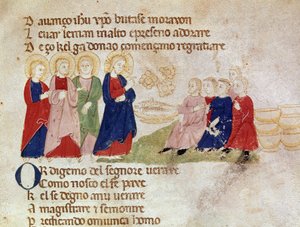A multiplicação de pães e peixes Miniatura tirada de "Del novo e del vedre testamento" de Pietro da Barsegape (século XIII) Milão do século XIV, Biblioteca Braidense de Italian School