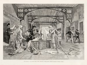 A cena da cesta (Ato II, Parte Dois, Cena I) da ópera Giuseppe Verdis Falstaff, da LIllustrazione Italiana, XX, nº 8, 19 de fevereiro de 1893 de Italian School