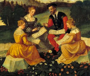 O concerto vocal Pintura da Escola Italiana. Século XVI. Bourges, Hotel Lallemant - O Concerto Bucólico. Pintura da Escola Italiana. Século XVI. Hotel Lallemant, Bourges, França. de Italian School