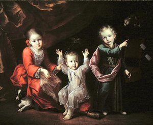 Três Crianças num Interior Cercado pelos seus Animais de Estimação, c.1680 (óleo sobre tela) de Italian School