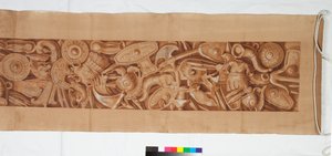 Três desenhos depois da antiguidade, c.1750 (desenho de pincel realçado em marrom manchado sobre indicação tênue em giz preto) de Italian School
