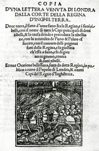 Página de rosto para uma cópia de uma carta enviada da corte da rainha da Inglaterra (xilogravura e impressão tipográfica)