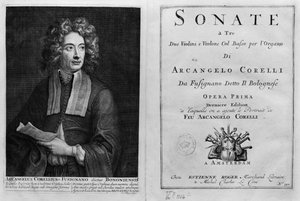 Titlepage of Sonate a Tre com um retrato de Arcangelo Corelli (1653-1713) de Italian School