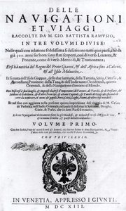 Título do volume I do Delle Navigationi et Viaggi de Giovanni Ramusio (1485-1557) publicado em 1613 de Italian School