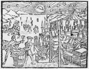 Comércio na Escandinávia, a partir de uma história dos povos do Norte por Olaus Magnus (1490-1558), publicado em Roma, 1555 de Italian School