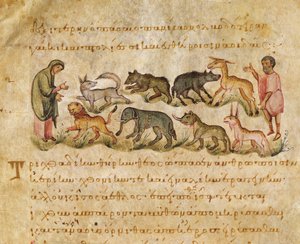 Tratado sobre as muitas espécies de animais que habitam a terra, ilustração do Cynegetica por Oppian (tempera em velino) de Italian School