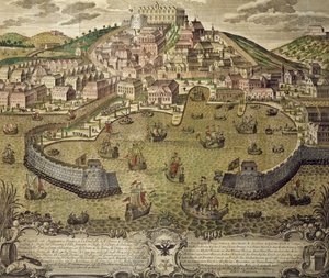 Cidade de Trieste e seu porto livre, gravura colorida, Itália de Italian School