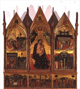 Tríptico: Madonna e Criança Enthroned ladeadas por cenas da vida de São Bartolomeu com um painel predella de cenas da vida de Cristo, Escola das Marchas de Italian School