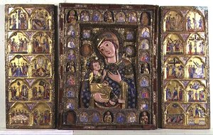 Tríptico da Madonna e da Criança com Evangelistas, Profetas e cenas da Vida de Cristo (madeira, filigrana de prata e esmalte) de Italian School