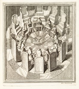 Doze Juízes da Rota orando em uma sala circular ao redor do Espírito Santo, pub. 1717 (gravura) de Italian School