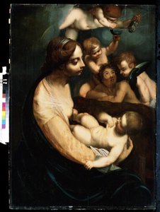 ""Madonna e criança e anjos"" (Virgem e criança com anjos) pintura italiana desde o início do século XVII. Museu de Arte Mikhail Kroshitsky, Sevastopol (Sevastopol) Ucrânia de Italian School