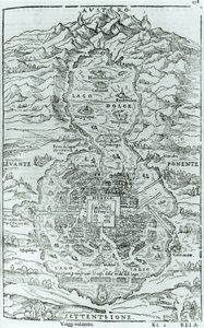 Vista do norte da cidade asteca de Tenochtitlan, de Relatione della Città del Temistitan por Giovanni Battista Ramusio (1485-1557) publicado em Veneza 1606 de Italian School