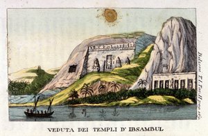 Vista do Templo Abu Simbel. O autor Giovanni Battista (Gianbattista) Belzoni (1778-1823), é um explorador e arqueólogo italiano, fez importantes descobertas arqueológicas no Egito. Gravura - em "Viaggio in Egitto e in Nubia" de Belzoni, Milão de Italian School