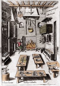 Vista de uma cozinha. Gravura de "Ópera", livro sobre gastronomia dividido em 6 partes, de Bartolomeo Scappi, cozinheiro pessoal do Papa Pio V. Veneza. de Italian School