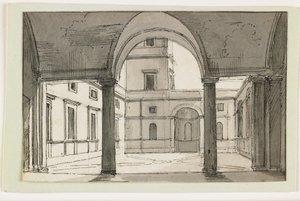 Vista, italiano, colonnade, pátio, cedo, 19o, século, (ink & brown, ink, grey, lavagem, sobre, pretas, chalk) de Italian School