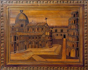 Vista da Catedral de Pisa (Duomo di Santa Maria Assunta di Pisa) e da Torre de Pisa (pendente Torre) na Praça dos Milagres (Piazza dei Miracoli) Marchetaria do século XV. Preservada no presbitério da catedral, Pisa de Italian School