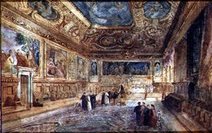 Vista do Interior do Palácio dos Doges em Veneza, c.1840 (aguarela em velino) de Italian School