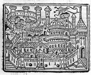 Vista da cidade de Aosta na Itália. Gravura em "Supplemento alle cronache" de Fra Jacopo Filippo Foresti, Veneza de Italian School